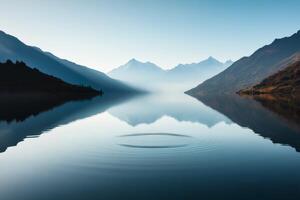 Calm waters reflect majestic mountains while a ripple disturbs the serene surface at dawn in a tranquil lake landscape photo