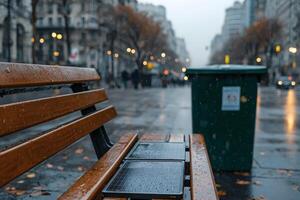 Raindrops glisten on a wooden bench and a green trash bin in a quiet urban street during a foggy afternoon photo