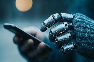 Innovations in technology inspire a glimpse into a futuristic interaction between humans and robots in an urban setting at twilight photo