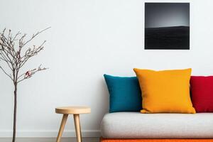 Cozy living room featuring vibrant cushions, minimal decor, and a striking black and white wall art piece created in a modern style photo
