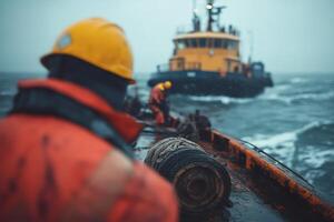 Tugboat navigating rough seas as crew prepares for challenging maritime conditions at twilight photo
