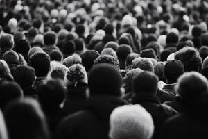 Crowds gather in anticipation at a large outdoor event on a cool evening, creating a sea of diverse expressions and energy photo