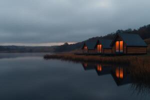 Log cabins glow softly by the lake as dusk descends, inviting tranquility and reflection in the serene wilderness landscape photo