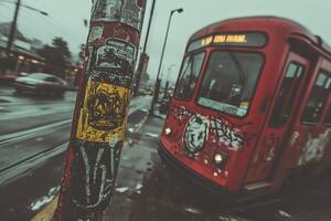 Graffiti-covered pole stands near a vibrant red tram moving through a bustling urban street on a foggy day photo
