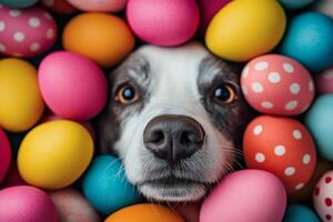 Joyful dog surrounded by colorful Easter eggs in a whimsical spring celebration moment photo