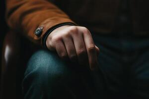 Reflective moment captured in soft light as a hand rests thoughtfully on a knee in a cozy indoor setting photo