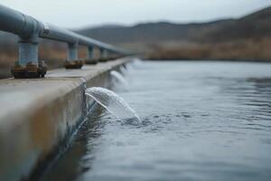 Water flows gently from a pipe into a calm body of water, reflecting the overcast sky and surrounding landscape photo