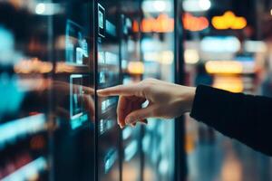 Fingers glide across a sleek interactive display in a bustling urban setting at night, revealing vibrant information and options photo