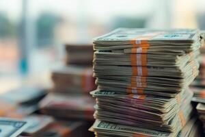 Stacks of cash create a vibrant display of wealth and opportunity in a modern urban setting during the golden hour of sunset photo