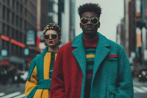 Fashion-forward individuals showcase vibrant street style in a bustling urban setting during an overcast afternoon photo