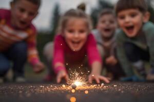 Excitement bubbles as children gather around a sparkler lighting up the evening with wonder and joy in the summer dusk photo