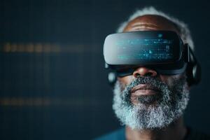 Elderly man explores a new digital world through immersive virtual reality technology in a modern setting photo
