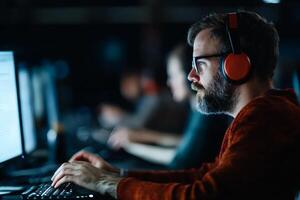 Focused programmer immersed in coding during a late-night session in a dimly lit workspace with fellow developers close by photo