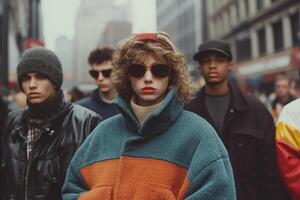Young adults showcase unique style in vibrant urban fashion while exploring city streets on a chilly afternoon photo