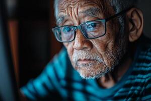 Elderly man with glasses deeply focused on computer screen in dimly lit room during evening hours photo