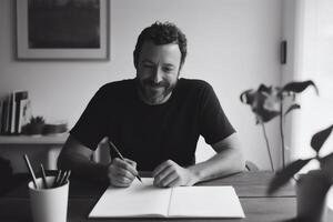 Creativity flows as a man sits at a wooden table, immersed in writing with passion in a softly lit indoor space filled with greenery photo