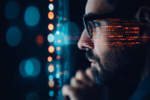 Innovative technologist immersed in digital data analysis against a backdrop of glowing binary elements photo