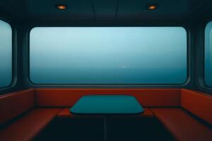 Futuristic intergalactic dining area with vibrant seating and expansive views of the cosmos at twilight photo
