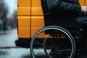 Man in wheelchair navigating urban environment as he prepares to get out of transportation vehicle photo