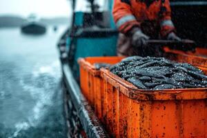 Dynamic capture of fishermen at work on a rugged boat, hauling in a bountiful catch as waves splash around them photo