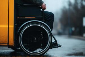 Man exiting a wheelchair onto rain-soaked pavement on a cloudy day in an urban setting photo