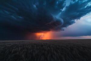 Majestic tornado spins under the night sky illuminated by flashes of lightning in a dramatic display of nature's power photo