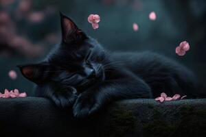 Black cat enjoys a peaceful nap on a stone bridge surrounded by delicate blossoms at dusk photo