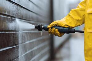Bright yellow raincoat contrasts with wet surroundings as an individual operates a pressure washer on a wooden wall, energizing the space photo