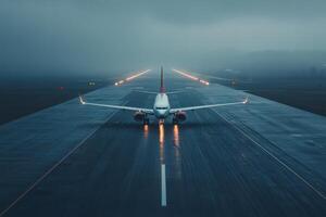 Captivating aerial view of an airplane gracefully landing on a rainy runway in soft twilight ambiance photo