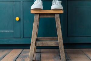 Three-step stool crafted from light plywood enhancing tasks in a cozy room setting with stylish decor photo