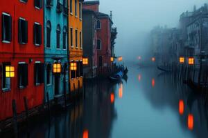 Mystical evening in Venice with glowing lanterns illuminating the serene canals and vibrant architecture photo