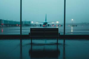 Late-night reflections in a quiet airport terminal with a distant aircraft illuminated by soft lighting photo