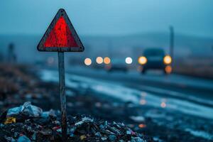 Vast landfill stretches endlessly under a gray sky, with warning sign highlighting environmental concerns along a busy road photo