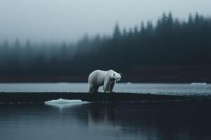 Solitary polar bear stands on a shrinking ice cap amidst tranquil waters and dense fog in the Arctic wilderness photo