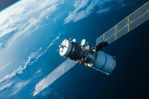 Exploring the cosmos with a satellite gracefully orbiting Earth in the vastness of space under a shimmering blue atmosphere photo