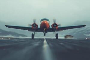 Vintage propeller airplane lifts off the runway in a dramatic ascent amidst a cloudy atmosphere photo