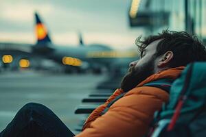 Traveler finding rest on airport chairs during a long layover amid busy terminals and distant flights photo