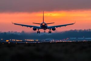 Airplane gracefully descends towards the runway against a stunning sunset backdrop filled with vibrant hues photo