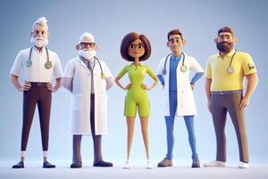 Team of diverse doctors poses confidently, showcasing their dedication to health and well-being in a vibrant setting photo