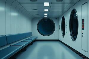 Exploring the serene interiors of a futuristic intergalactic travel hub in deep space at twilight photo