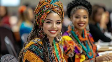 Celebration of culture and unity among delegates showcasing vibrant attire and smiles at a lively event in an urban setting photo