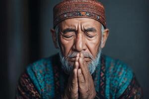 Muslim man immersed in deep spiritual devotion within serene indoor setting during a reflective evening moment photo