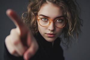 Stunning hyperrealistic fashion portrait of a confident young woman with curly hair in a moody studio setting photo