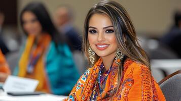 Diverse delegates engage in dialogue and collaboration at an international conference, showcasing vibrant cultural attire and unity photo