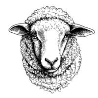 Intricate black and white sheep portrait for art and design. Black outlines, white background. Graphic art vector