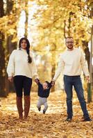 Holding toddler by, the hands. Two parents are having a walk with their little son in the autumn park photo