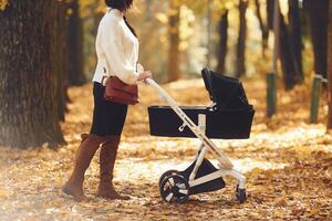 Mother with ,black colored pram is having a walk in forest at daytime photo