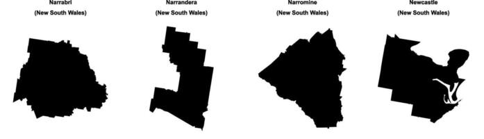 Narrabri, Narrandera, Narromine, Newcastle outline maps vector