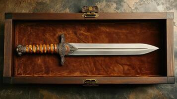 Ornate Medieval Dagger in Wooden Display Box photo