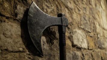 Antique Axe Displayed on Stone Wall photo